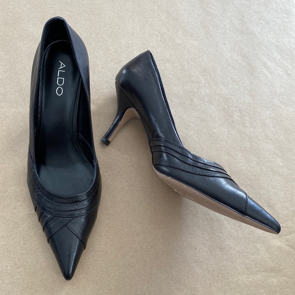 Aldo Pointed Toe Black Leather Heels
